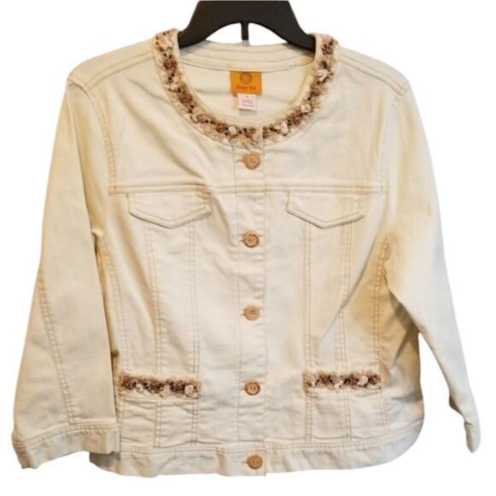 Ruby road embellished Beach wood Shell Cream denim Jean jacket size 14 new!!